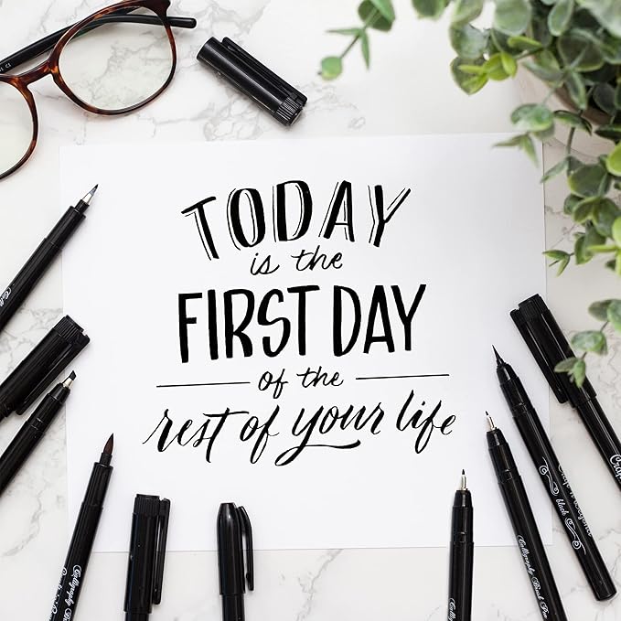 Craft 'n' Beyond Calligraphy Brush Pens Pack of 10 Markers for Hand Lettering, Art Drawing, Sketching, Scrapbooking, Writing, Journaling tip - Beginner Kit with Fadeproof Black Ink