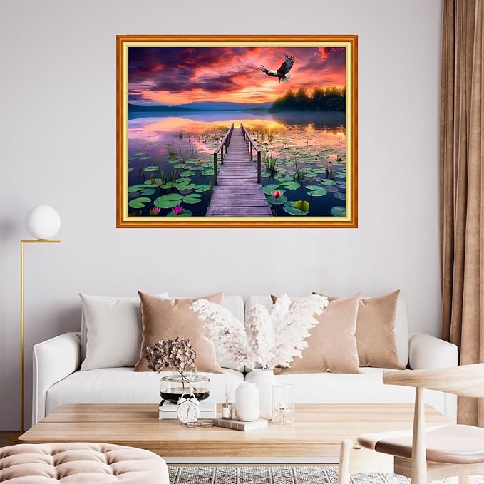 Findvoor Stamped Cross Stitch Kits for Beginner Embroidery Kits for Beginners Adults DIY 11CT Cross Stitch Patterns Needlepoint Kits Crossstitching Kits-Lotus Pond Sunset 16x20 inch