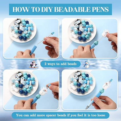 Geyee 12 Set Plastic Beadable Pens Assorted Bead Pens Crystal Wood Round Spacer Set Black Ink DIY Ballpoint for Women Men Gift Office Supplies(Polar Animals)