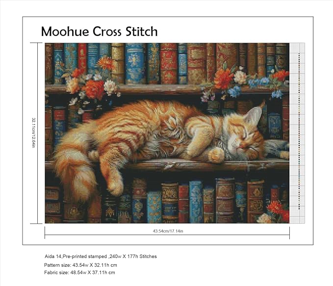 Moohue DIY Counted Stamped Cross Stitch Kits for Adults 14 Count Cross Stitch Patterns Animal cat Flowers Book Printed Cross Stitch Kits for Adults (Animal Cat Books)