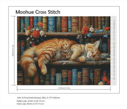 Moohue DIY Counted Stamped Cross Stitch Kits for Adults 14 Count Cross Stitch Patterns Animal cat Flowers Book Printed Cross Stitch Kits for Adults (Animal Cat Books)