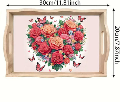 DoxQcs DIY Diamond Art Wooden Tray Kit Easter Food Tray with Handle Diamond Painted Table Decoration Tray for Breakfast Bar Dinner Table Diamond Art Painting for Beginners-Rose Heart