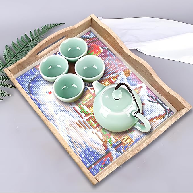 FGbaby DIY 5D Snowman House Diamond Painting Wood Serving Tray with Handles - Diamond Art Decor for Breakfast, Patio, BBQ, Coffee Table, Party
