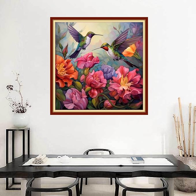 Joyhoor Stamped Cross Stitch Kits for Beginners Needlepoint Kits for Adults Embroidery Kits 11CT Counted Cross Stitch Kits Printed Embroidery Pattern-Hummingbird Flowers 18x18 inchs