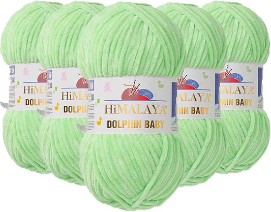 5 Skein/Pack Himalaya Dolphin Baby Chenille Yarn, Each Ball 100 gr (3.5 oz), 120 m (132 Yards), 100% Polyester, Super Bulky Baby Blanket Velvet Amigurumi Yarn, 80350 - Light Green