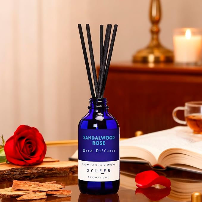 Xcleen Reed Diffuser Set, Sandalwood Rose Scented Oil Diffuser with Sticks, Home Fragrance Reed Diffusers for Bathroom Shelf Decor & Air Fresheners