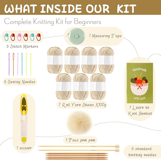 Maasechs Knitting Kit for Beginners, Learn to Knit Kit for Adults, Complete Hat, Scarf, Gloves Starter Bundle with Step-by-Step Instructions Includes Wool Yarn, Needles & Accessories(Light Khaki)