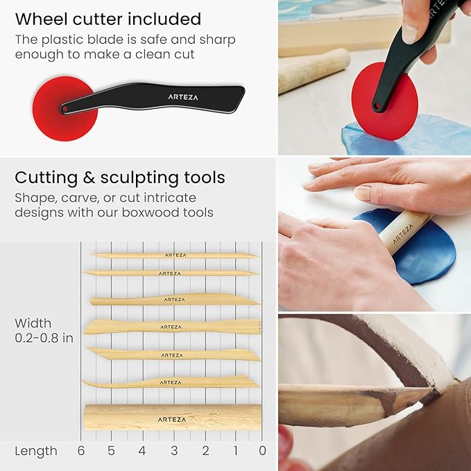 ARTEZA Pottery & Polymer Clay Tools, 22-Piece Sculpting Set with Steel Tips and Wooden Handles, Craft Kit for Pottery Modeling and Carving
