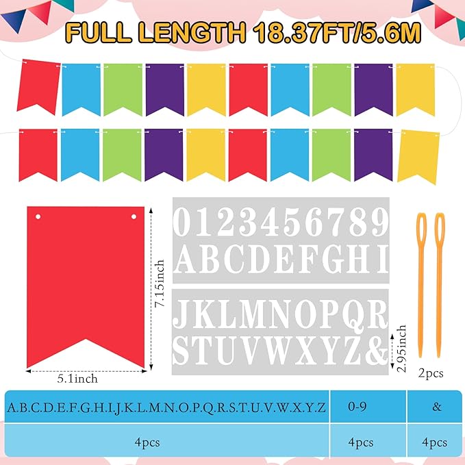 Mooliwe 171 Pcs DIY Custom Banner Kit Make Your Own Customizable Sign for Birthday Wedding Party Decoration Include 20 Paper Pennant 148 Letters and Numbers 1 Rope 2 Threading Device(Rainbow)