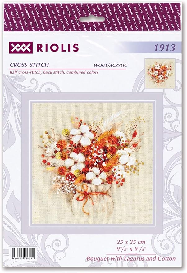RIOLIS - Bouquet with Lagurus and Cotton 1913, Cross Stitch Kits 9¾"x9¾, Cross Stitch Kits for Adults, Counted Cross Stitch Kits, Embroidery Kit for Beginners & Advanced, Floral Crossstitching Kits