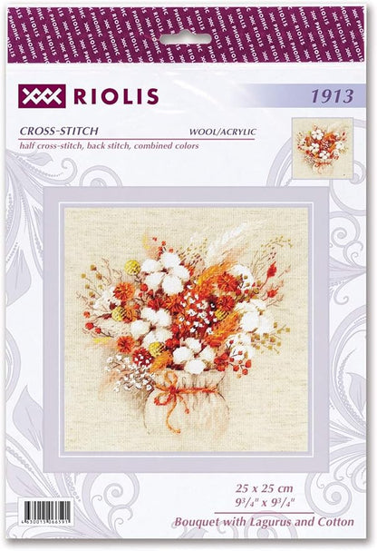 RIOLIS - Bouquet with Lagurus and Cotton 1913, Cross Stitch Kits 9¾"x9¾, Cross Stitch Kits for Adults, Counted Cross Stitch Kits, Embroidery Kit for Beginners & Advanced, Floral Crossstitching Kits