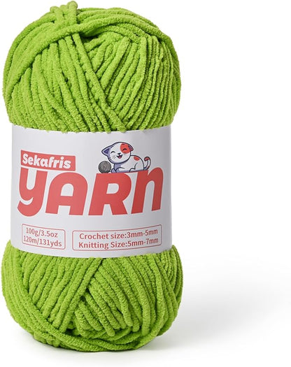 Plush Chunky Chenille Yarn for Crocheting, Soft Fluffy Velvet Yarn for Crocheting, Fuzzy Baby Blanket Knitting Yarns, 100g/131yds Bulky Amigurumi Yarns（Lime Green ）