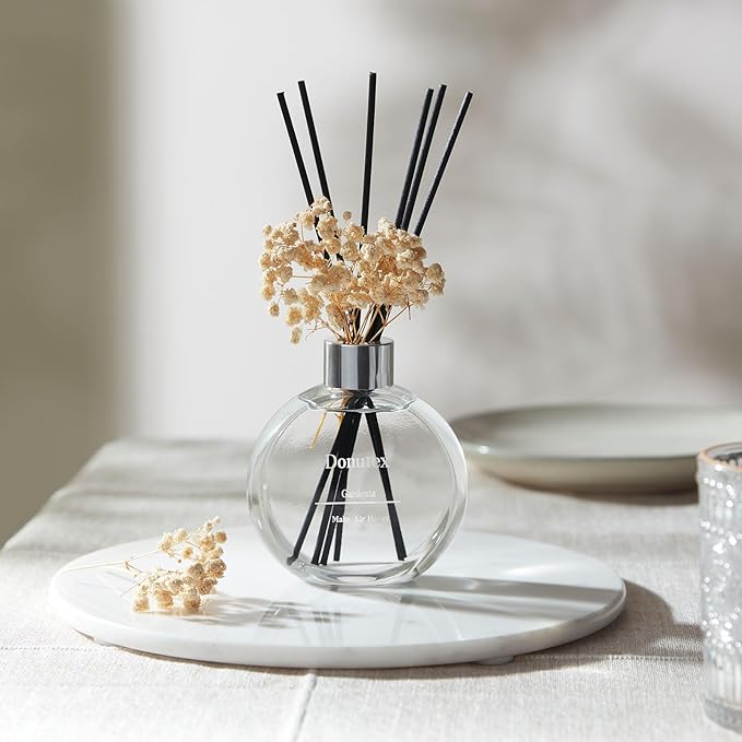 Donurex Flower Reed Diffuser Set 5.07oz Gardenia Scent Diffuser with Sticks Home Fragrance Reed Diffuser for Bathroom Shelf Decor