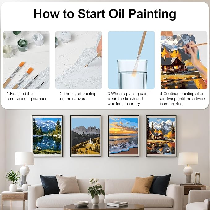 Qoosea 4 Pack Paint by Numbers Kit for Adults, Premium DIY Art Set Featuring Wooden Easel, Premium Craft Kits for Adults Beginners, Drawing Hobbies & Relaxation Gifts-Landscape Map