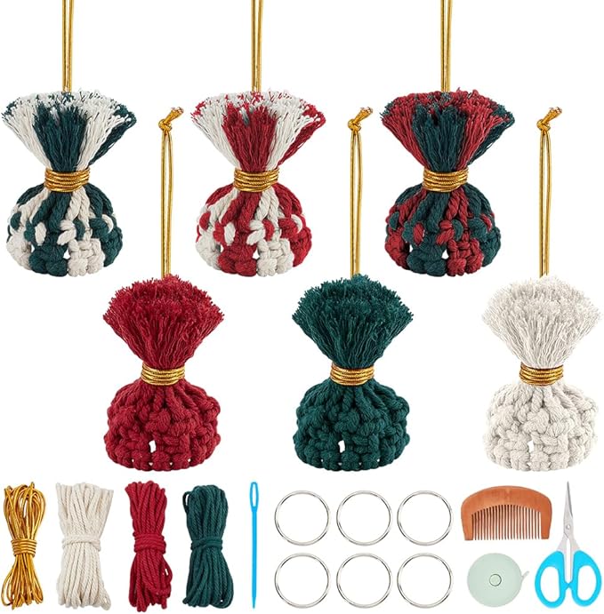 FREEBLOSS 6 Set Macrame Christmas Hat & Keychain DIY Kit with Instructions