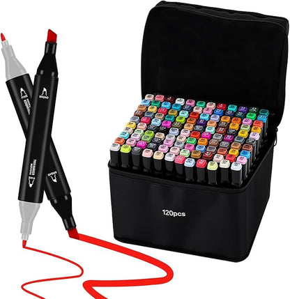 Cautyfky 120 Colors Dual Tip Alcohol Markers, Dual Tips Art Markers, Permanent Sketch Marker Set for Adults Coloring, Painting, Sketching, Illustrations