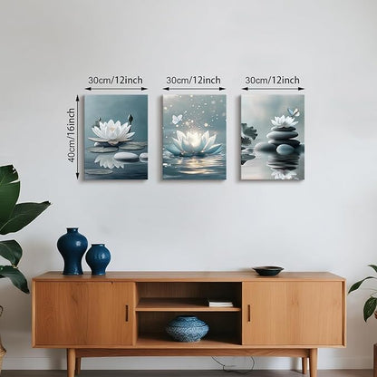 WENGTIAO 3Pcs Zen Stones Canvas Wall Art Prints Calm White Lotus Floral Bloom in Water Pictures Posters Butterfly Paintings Spiritual Meditation Artwork for Spa Yoga Living Room Bedroom Office 12x16x3