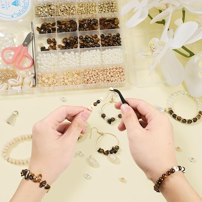 TOIPINIO Bracelet Making Kit Jewelry Making Supplies Kit Natural Stone Beads for Irregular Natural Stone with for DIY Craft -1736 PCS Friendship Bracelet/Necklace/Earrings for Adults (Tiger's Eye)