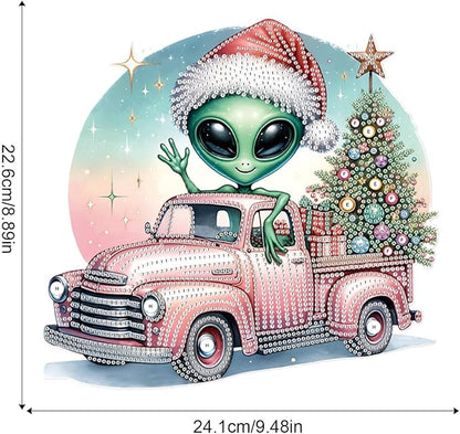 Alien Diamond Painting Hanging Ornament Kit, 5D DIY Christmas Truck & Tree Pendant Decoration with Santa Hat, Crystal Diamond Art Kit for Adults Home Wall Door Window Xmas Decor (24.1x22.6cm)