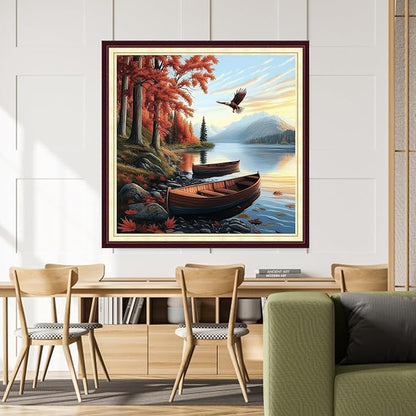 DMCCRAFT Stamped Cross Stitch Kits for Adults 11CT Printed Cross-Stitch Patterns Embroidery Kits Easy Cross Stitching Needlepoint Kits&Wooden Boat by The Lake 18x18 inch