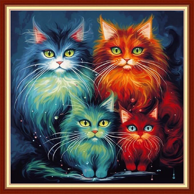 Dooxvey Cross Stitch Kits for Adults Stamped Full Range of Embroidery Starter Kits for Beginners 11CT Printed Cross Stitch Patterns Needlepoint Kits Stamped Crossstitching-Colorful Cat 18x18 inch