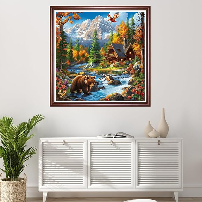 Redxing Stamped Cross Stitch Kits Full Range of Embroidery Starter Kits- Needlepoint Counted Cross Stitch Kits for Beginner Adults 11CT Printed Embroidery Kit-Deep Autumn Brown Bear 18x18 inchs