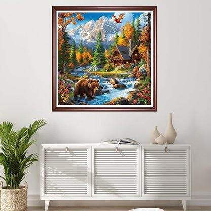 Redxing Stamped Cross Stitch Kits Full Range of Embroidery Starter Kits- Needlepoint Counted Cross Stitch Kits for Beginner Adults 11CT Printed Embroidery Kit-Deep Autumn Brown Bear 18x18 inchs