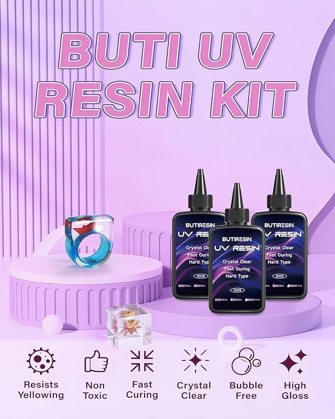 ButiResin UV Resin 300g, UV Resin Clear - Fast Curing, Crystal Clear, Odourless, Low Viscosity & Hard Type, UV Resin Kit for DIY Jewelry Making, Casting, and Coating Crafts