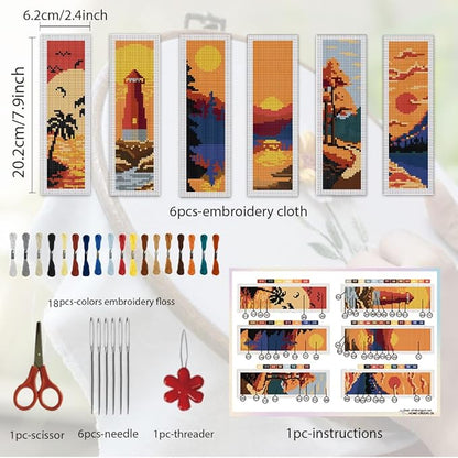 ORIGACH 6 Pcs Cross Stitch Bookmark Kit for Beginner Adults, Sunset Landscapes Stamped Embroidery Bookmark Kit with Instruction for Starters Printed Cross Stitch DIY Kits for Book Lovers