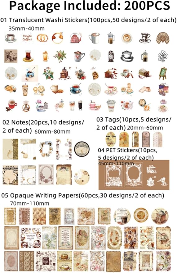 200PCS Vintage Scrapbooking Supplies Pack for Junk Journal Planners Decoupage Paper Scrapbook Stickers Aesthetic Cottagecore Collage Craft Album (Coffee)