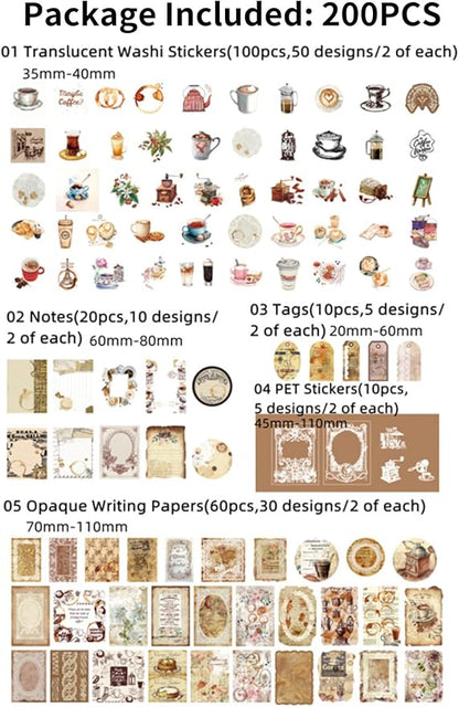 200PCS Vintage Scrapbooking Supplies Pack for Junk Journal Planners Decoupage Paper Scrapbook Stickers Aesthetic Cottagecore Collage Craft Album (Coffee)