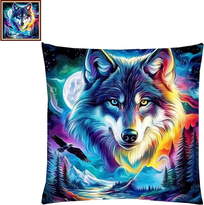 Lovxvouy Pillow Cross Stitch Kits for Adults Beginners-Preprinted Needlepoint Kit Stamped Crossstitching Kits 11CT Cross-Stitch Kit Stitches Kit Embroidery Kits-Abstract Wolf 18x18 inchs