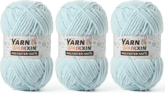 3 Pack Soft Chenille Yarn for Crocheting, Fluffy Chunky Crochet Yarn for Baby Blanket, (5.29oz/196.8yds) Fuzzy Velvet Yarn for Amigurumi&DIY Puzzle、Crafts、Scarf(3 Baby Blue)