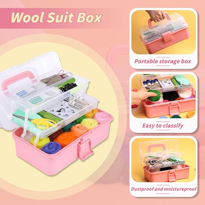 JUPEAN 221 Pcs Needle Felting Kit Needle Felting Starter Kit Needle Felting Supplies Including 43 Color Wool Roving Felting Molds Foam Mat and 4 Sizes Felting Needles for DIY Craft Project