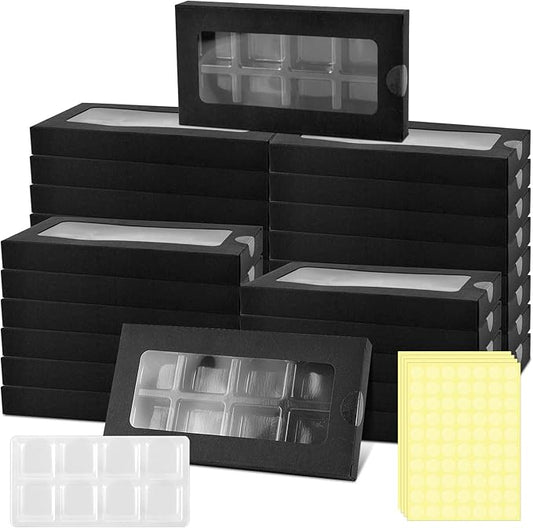 50 Pcs Gift Boxes for Wax Melts Plastic Mold with Box Wax Melt Boxes Crystal Clear Wax Melt Molds Wax Melts Containers for Wax Cubes Wax Tarts Wax Block (8 Cavity, Black)