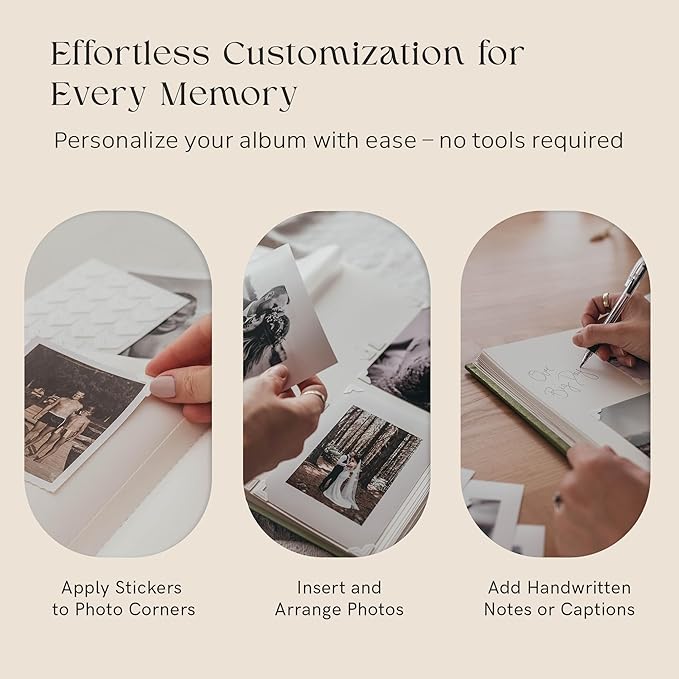 Premium Scrapbook Album with Window and Writing Space – 60 Pages holds 200 Photos of Different Sizes – Wedding, Baby, Travel & Family Memories – 11.4" x 8.6" - Olive