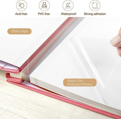 potricher Large Photo Album Self Adhesive 3x5 4x6 5x7 8x10 10x12 Pictures Linen Cover 40 Blank Pages Magnetic DIY Scrapbook Albums with A Metallic Pen (Pink)