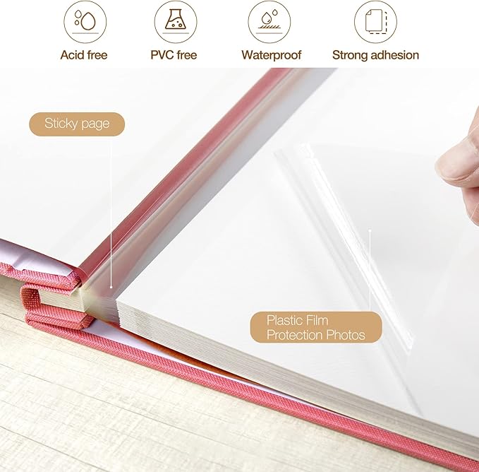 potricher Large Photo Album Self Adhesive 3x5 4x6 5x7 8x10 10x12 Pictures Linen Cover 80 Blank Pages Magnetic DIY Scrapbook Albums with A Metallic Pen (Pink)