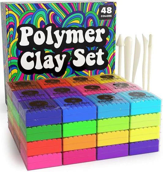 Polymer Clay Set - 48 Colors Oven Bake Clay, Colorful Modeling Clay Kit with 5 Tools for Sculpting, Jewelry Making, Beads, Earrings, Molds, and Crafts