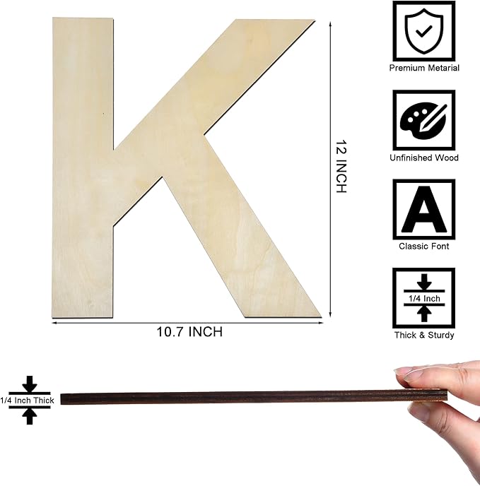 12 Inch Wooden Letter K, 1/4 Inch Thick Large Unfinished Wood Letter for Home Wall Decor, DIY Crafts