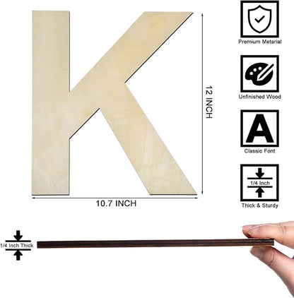 12 Inch Wooden Letter K, 1/4 Inch Thick Large Unfinished Wood Letter for Home Wall Decor, DIY Crafts