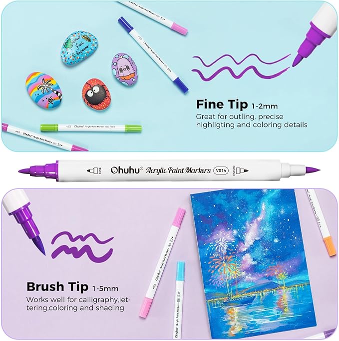 Ohuhu Acrylic Paint Markers Dual Tips: 72 Colors Brush & Fine Paint Pens High Opacity Acrylic Markers Waterproof Lightfast for Christmas Gifts Rock Painting 3D Prints Egg Wood Glass Ceramic DIY Crafts
