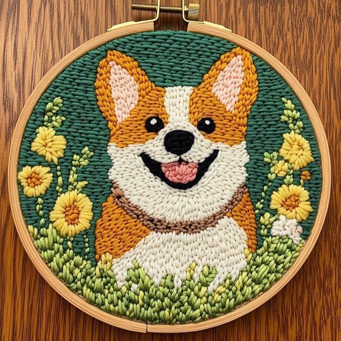 RUIQLXHANG Punch Needle Kits for Beginners, Cute Cartoon Highland Cow with Daisy Flower, Punch Needle Starter Craft Set with 20cm Hoop, Perfect for Festival Gift and Decoration (Corgi Dog) by RUIQLXHANG