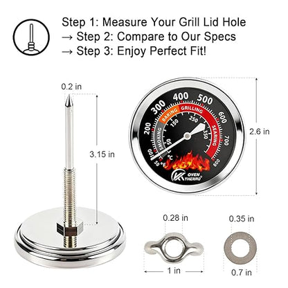 2.56 inch Grill Thermometer for Outside Grill Smoker Thermometer BBQ Temperature Gauge Stainless Steel Temp Gauge for BBQ Meat Cooking Lamb Beef