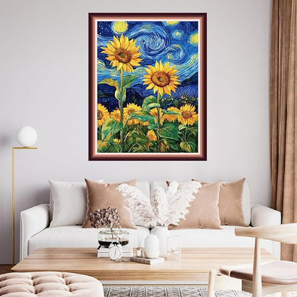 Fanxvivy Stamped Cross Stitch Kits for Beginners Full Range of Cross Stitching Preprinted Embroidery Kits for Adults, 11CT Embroidery Pattern Needlepoint Kits-Van Gogh Starry Sky Sunflower 16x20 inch