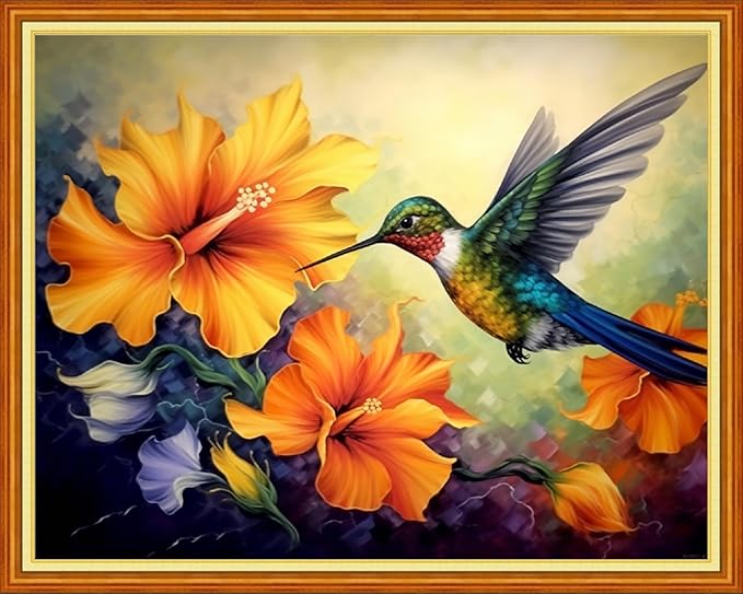 Dimensean Stamped Cross Stitch Kits Full Range of Embroidery Patterns Starter Kits for Beginners Adult DIY Cross Stitches Needlepoint Kits 11CT-Colorful Flower Hummingbird 16x20 inch