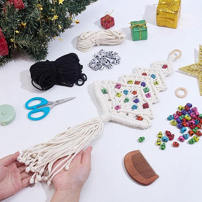 FREEBLOSS 2 Set Macrame DIY Kit Christmas Tree Macrame Tassels Wall Hanging Skull Christmas Tree Hanging Ornaments Skull Wall Tassels Tapestry with Wooden Star for Handmade Craft Beginners
