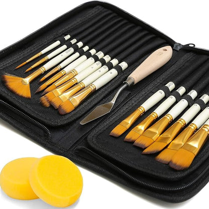 DUGATO 15pc Artist Paint Brush Set with Pop-Up Case, Palette Knife & Sponges - Nylon Hair for Acrylic, Oil, Watercolor, Gouache, Model & Craft Painting