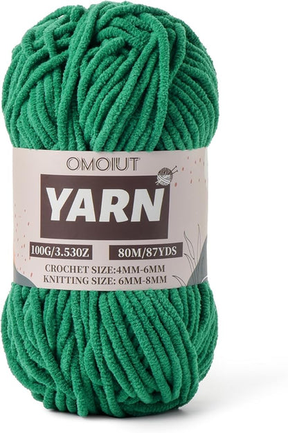 Green Fluffy Chenille Yarn for Crocheting - Baby Yarn for Crocheting Soft Blanket - (100g/87.4yds) Crochet Amigurumi Chunky Yarns - Super Bulky 5 Velvet Yarns