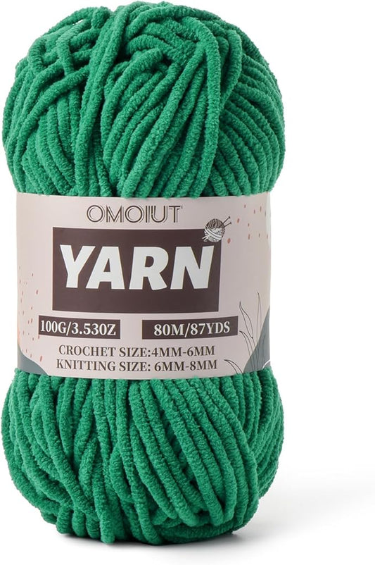 Green Fluffy Chenille Yarn for Crocheting - Baby Yarn for Crocheting Soft Blanket - (100g/87.4yds) Crochet Amigurumi Chunky Yarns - Super Bulky 5 Velvet Yarns